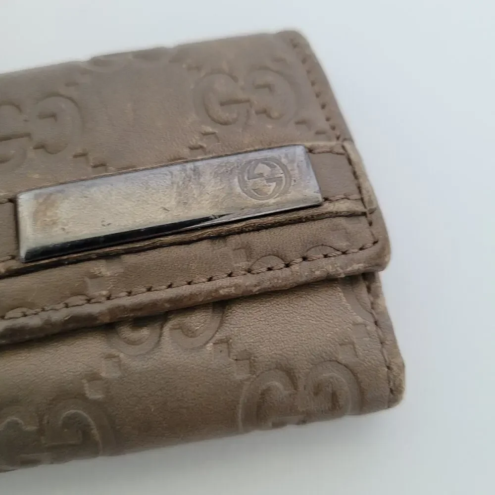Gucci GG Key Holder Wallet Case Geniue Leather Small Gray Trifold Guccissima‎